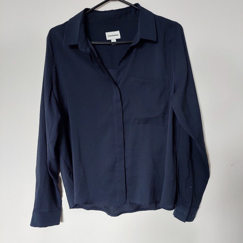 FRANK AND OAK Women's L Navy Button Down Shirt Silky Light